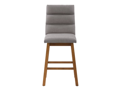 Light grey channel tufted bar stool with sleek metal legs, upholstered in soft fabric, featuring a comfortable high back and modern design, perfect for kitchen islands or home bars.