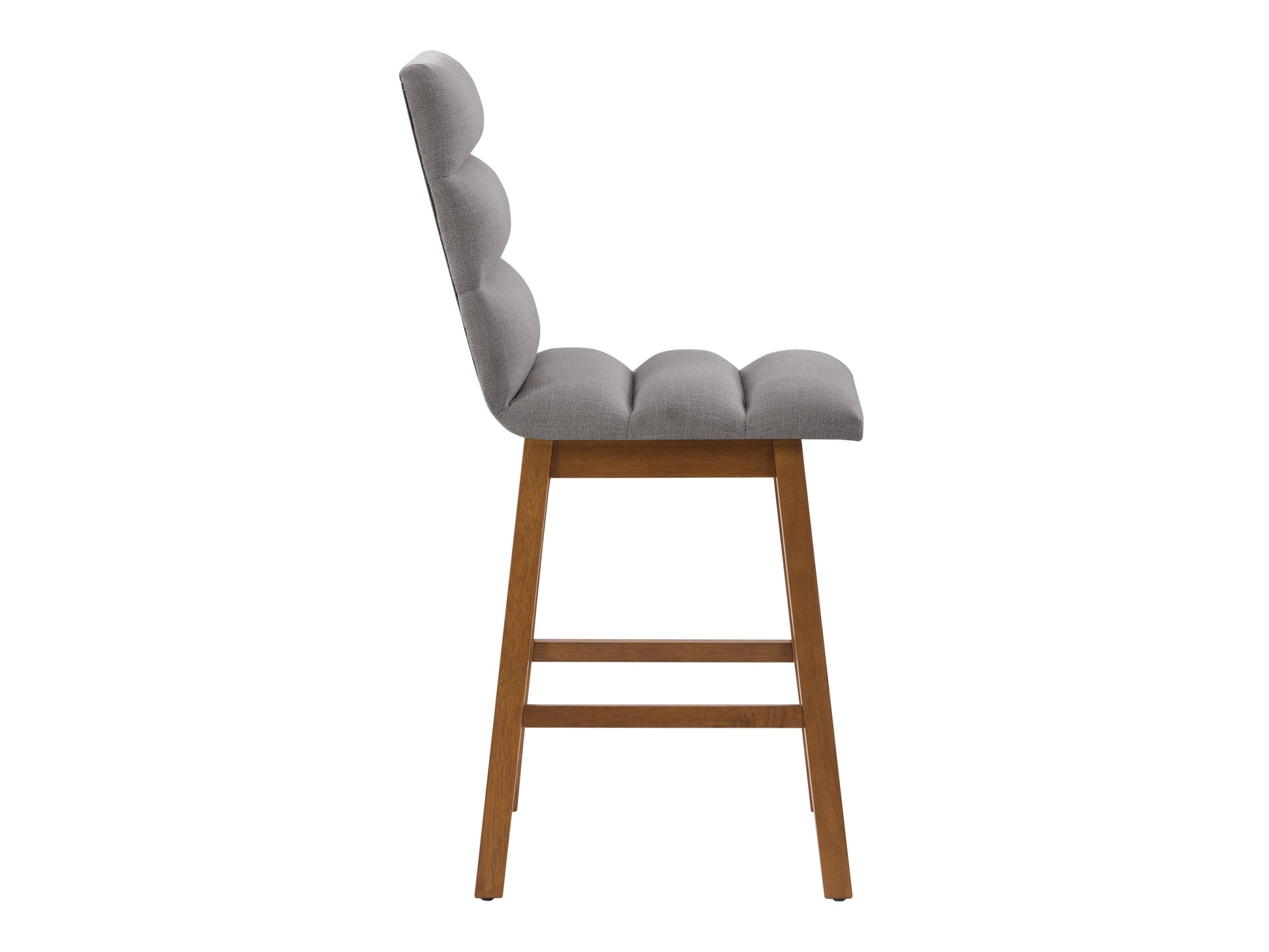 Light grey channel tufted bar stool with sleek metal legs, upholstered in soft fabric, featuring a comfortable high back and modern design, perfect for kitchen islands or home bars.