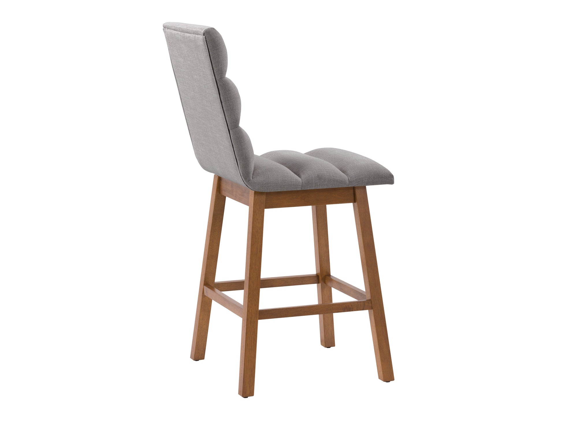 Light grey channel tufted bar stool with sleek metal legs, upholstered in soft fabric, featuring a comfortable high back and modern design, perfect for kitchen islands or home bars.