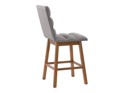 Light grey channel tufted bar stool with sleek metal legs, upholstered in soft fabric, featuring a comfortable high back and modern design, perfect for kitchen islands or home bars.