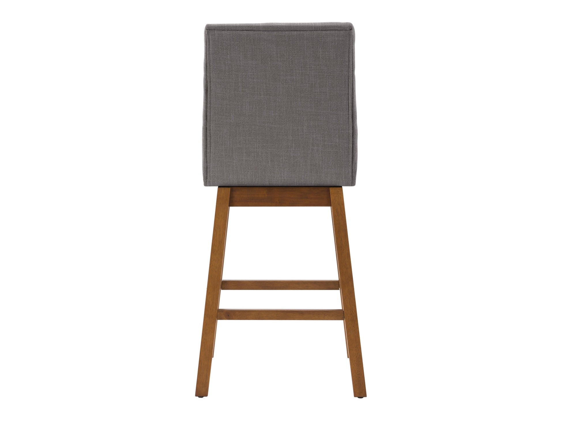 Light grey channel tufted bar stool with sleek metal legs, upholstered in soft fabric, featuring a comfortable high back and modern design, perfect for kitchen islands or home bars.