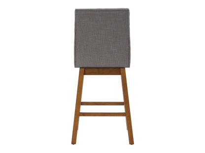 Light grey channel tufted bar stool with sleek metal legs, upholstered in soft fabric, featuring a comfortable high back and modern design, perfect for kitchen islands or home bars.