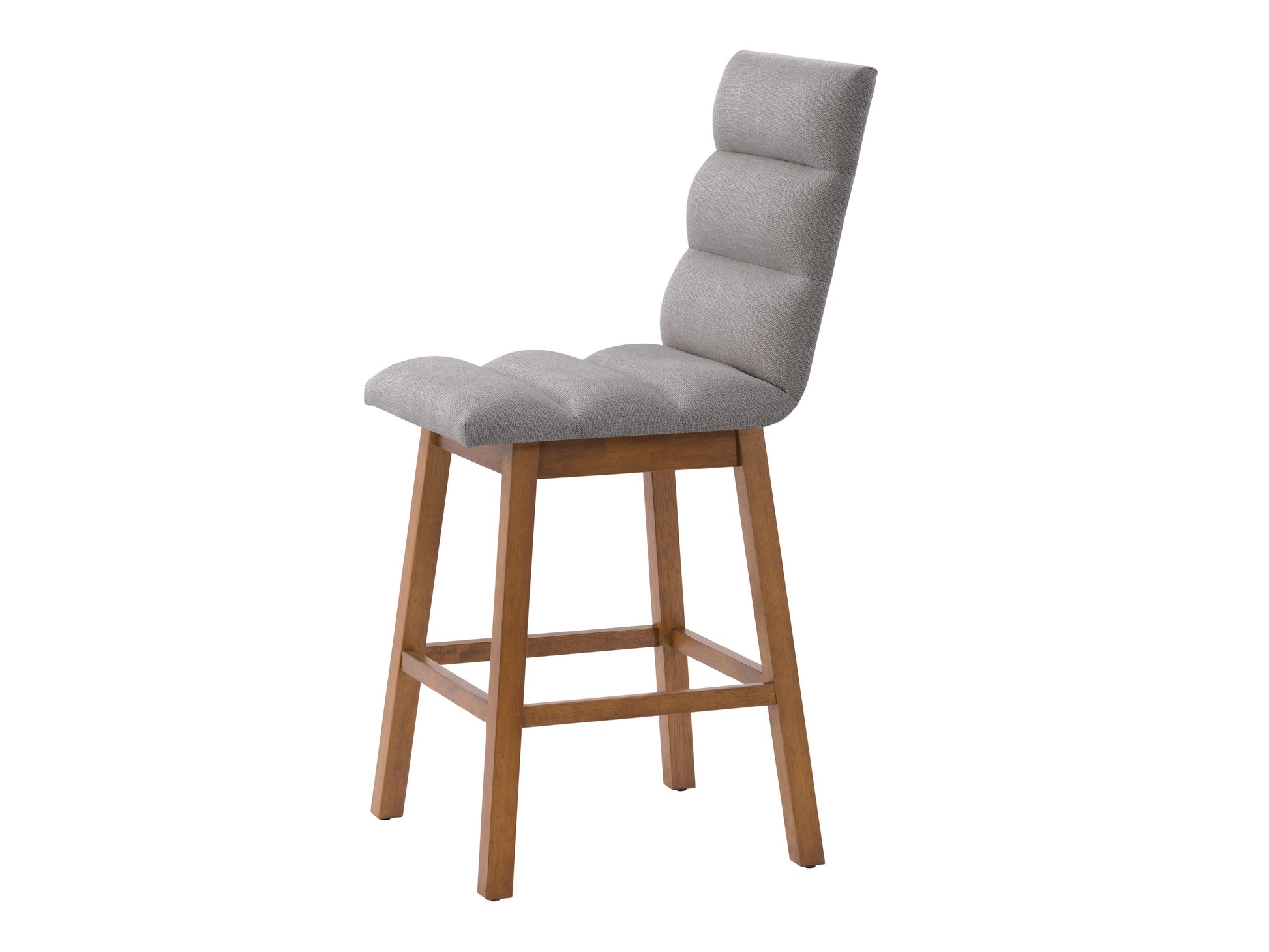Light grey channel tufted bar stool with sleek metal legs, upholstered in soft fabric, featuring a comfortable high back and modern design, perfect for kitchen islands or home bars.