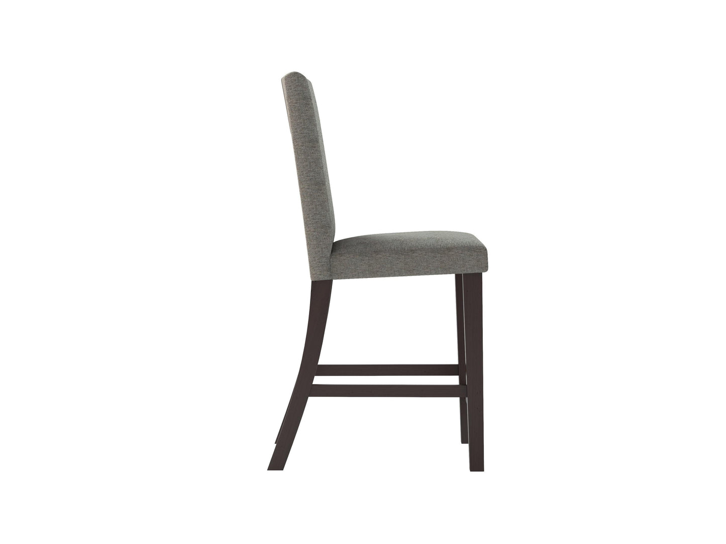 Modern counter height dining chairs, set of 2, featuring sleek black metal frames, cushioned gray fabric seats, and backrests with a minimalist design, perfect for contemporary dining spaces.
