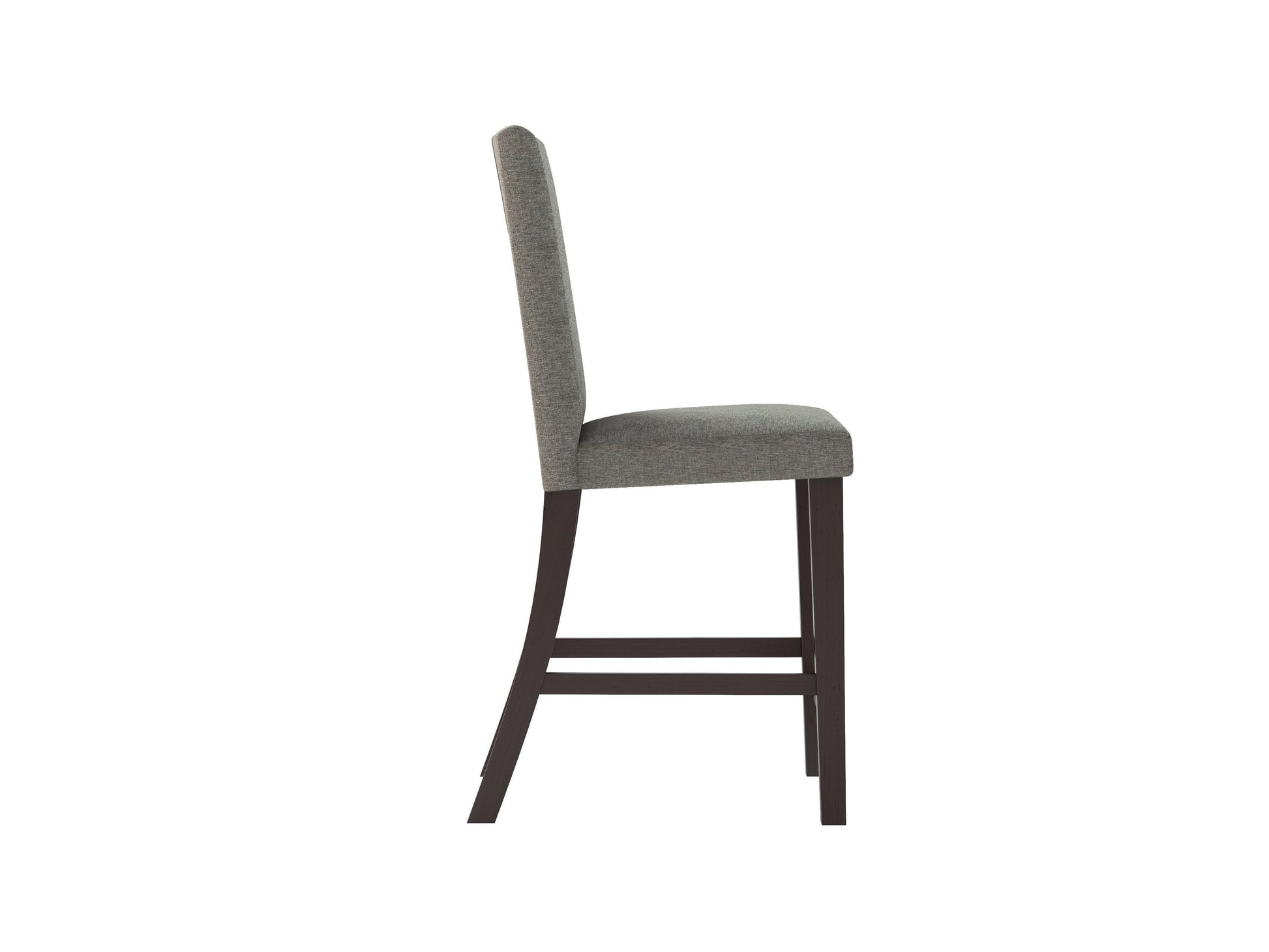Modern counter height dining chairs, set of 2, featuring sleek black metal frames, cushioned gray fabric seats, and backrests with a minimalist design, perfect for contemporary dining spaces.