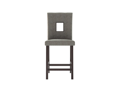 Set of 2 counter height dining chairs with beige upholstered seats, dark wooden frames, and stylish button tufting. Perfect for modern dining rooms or kitchens, offering comfort and elegance.