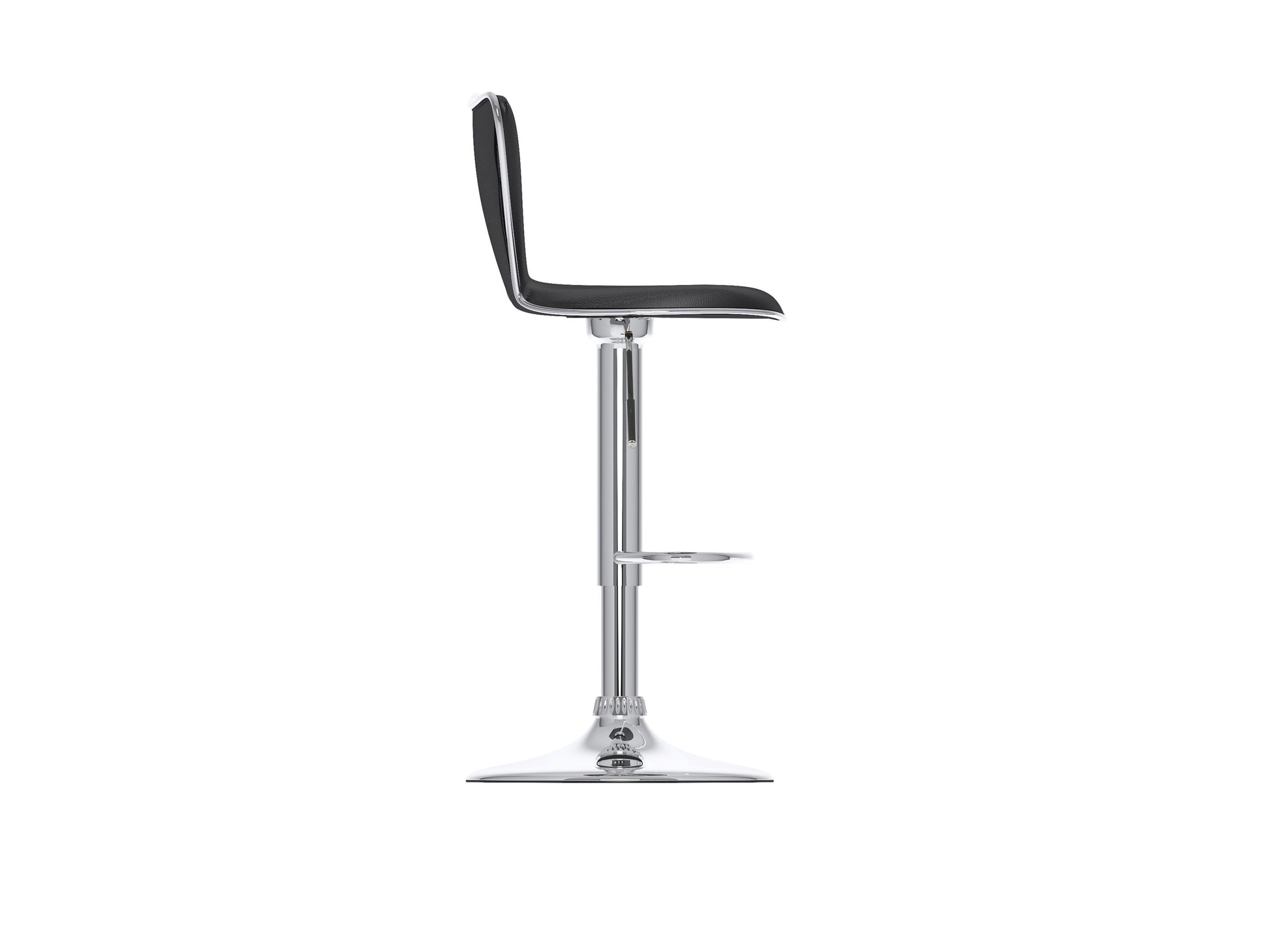 Black swivel bar stools set of 2, featuring cushioned seats, sleek metal legs, and footrests, perfect for modern kitchens or home bars. Durable faux leather upholstery with a contemporary design.