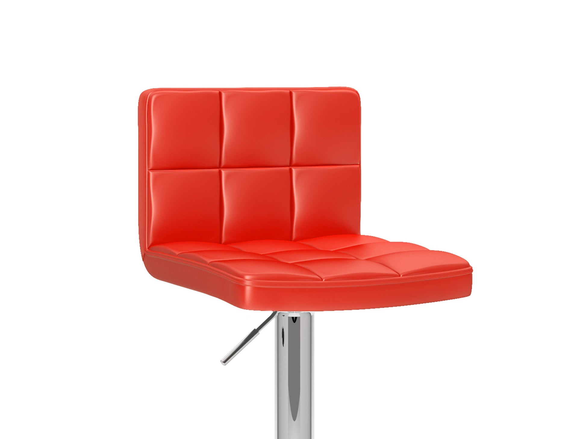 Set of 2 red swivel bar stools with cushioned seats, chrome-plated footrests, and adjustable height. Features a sleek, modern design with faux leather upholstery and a sturdy metal base, perfect for kitchen counters or home bars.