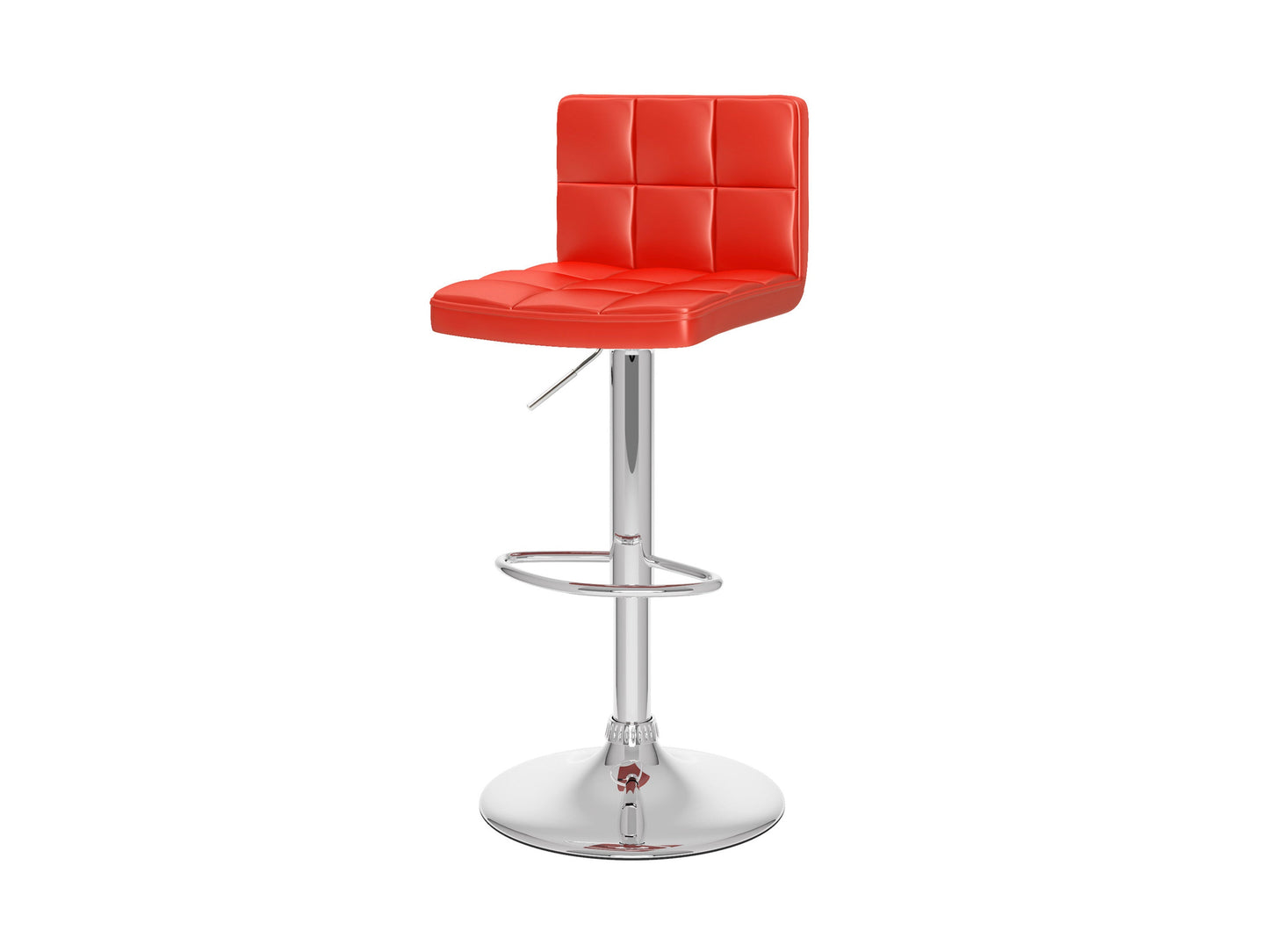 Set of 2 red swivel bar stools with cushioned seats, chrome-plated footrests, and adjustable height. Features a sleek, modern design with faux leather upholstery and a sturdy metal base, perfect for kitchen counters or home bars.