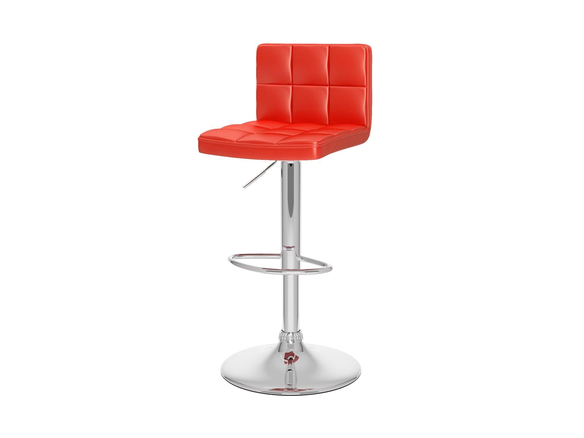 Set of 2 red swivel bar stools with cushioned seats, chrome-plated footrests, and adjustable height. Features a sleek, modern design with faux leather upholstery and a sturdy metal base, perfect for kitchen counters or home bars.