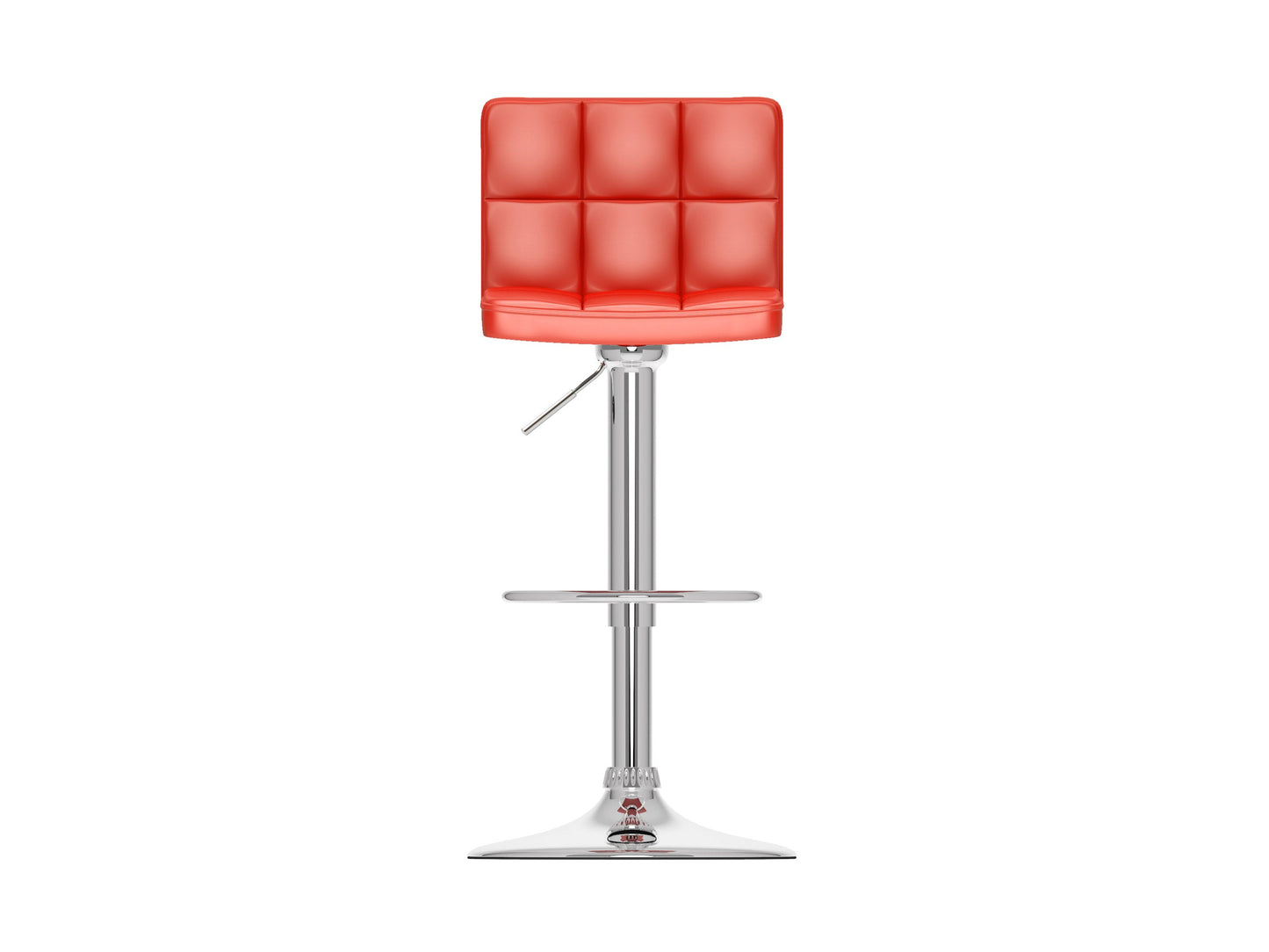 Set of 2 red swivel bar stools with cushioned seats, chrome-plated footrests, and adjustable height. Features a sleek, modern design with faux leather upholstery and a sturdy metal base, perfect for kitchen counters or home bars.
