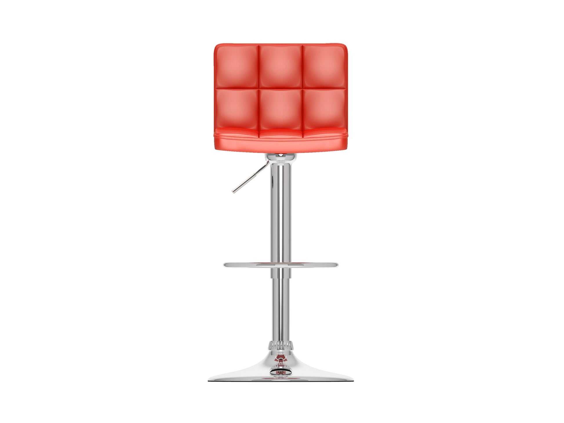 Set of 2 red swivel bar stools with cushioned seats, chrome-plated footrests, and adjustable height. Features a sleek, modern design with faux leather upholstery and a sturdy metal base, perfect for kitchen counters or home bars.