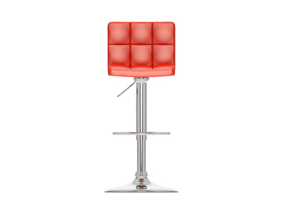 Set of 2 red swivel bar stools with cushioned seats, chrome-plated footrests, and adjustable height. Features a sleek, modern design with faux leather upholstery and a sturdy metal base, perfect for kitchen counters or home bars.