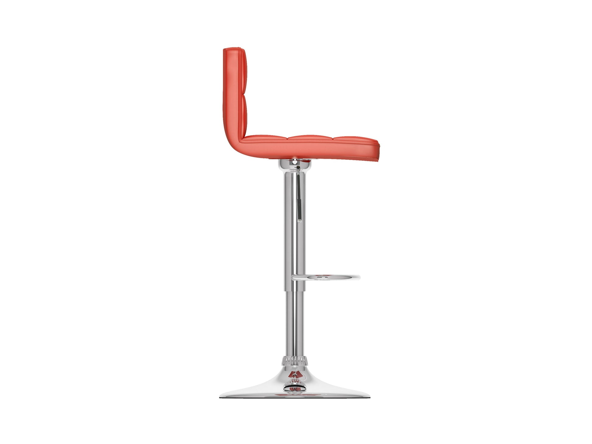 Set of 2 red swivel bar stools with cushioned seats, chrome-plated footrests, and adjustable height. Features a sleek, modern design with faux leather upholstery and a sturdy metal base, perfect for kitchen counters or home bars.