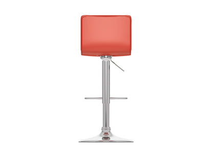 Set of 2 red swivel bar stools with cushioned seats, chrome-plated footrests, and adjustable height. Features a sleek, modern design with faux leather upholstery and a sturdy metal base, perfect for kitchen counters or home bars.