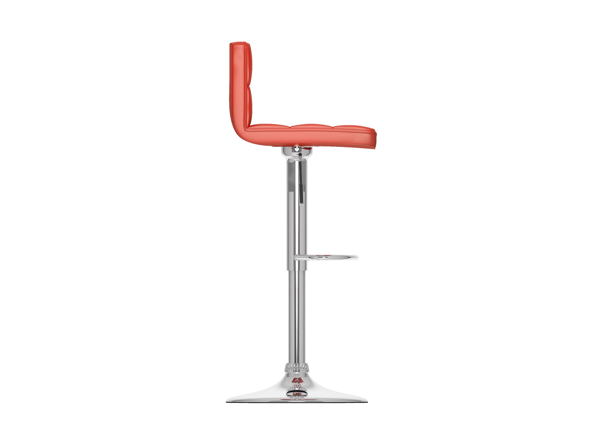 Set of 2 red swivel bar stools with cushioned seats, chrome-plated footrests, and adjustable height. Features a sleek, modern design with faux leather upholstery and a sturdy metal base, perfect for kitchen counters or home bars.