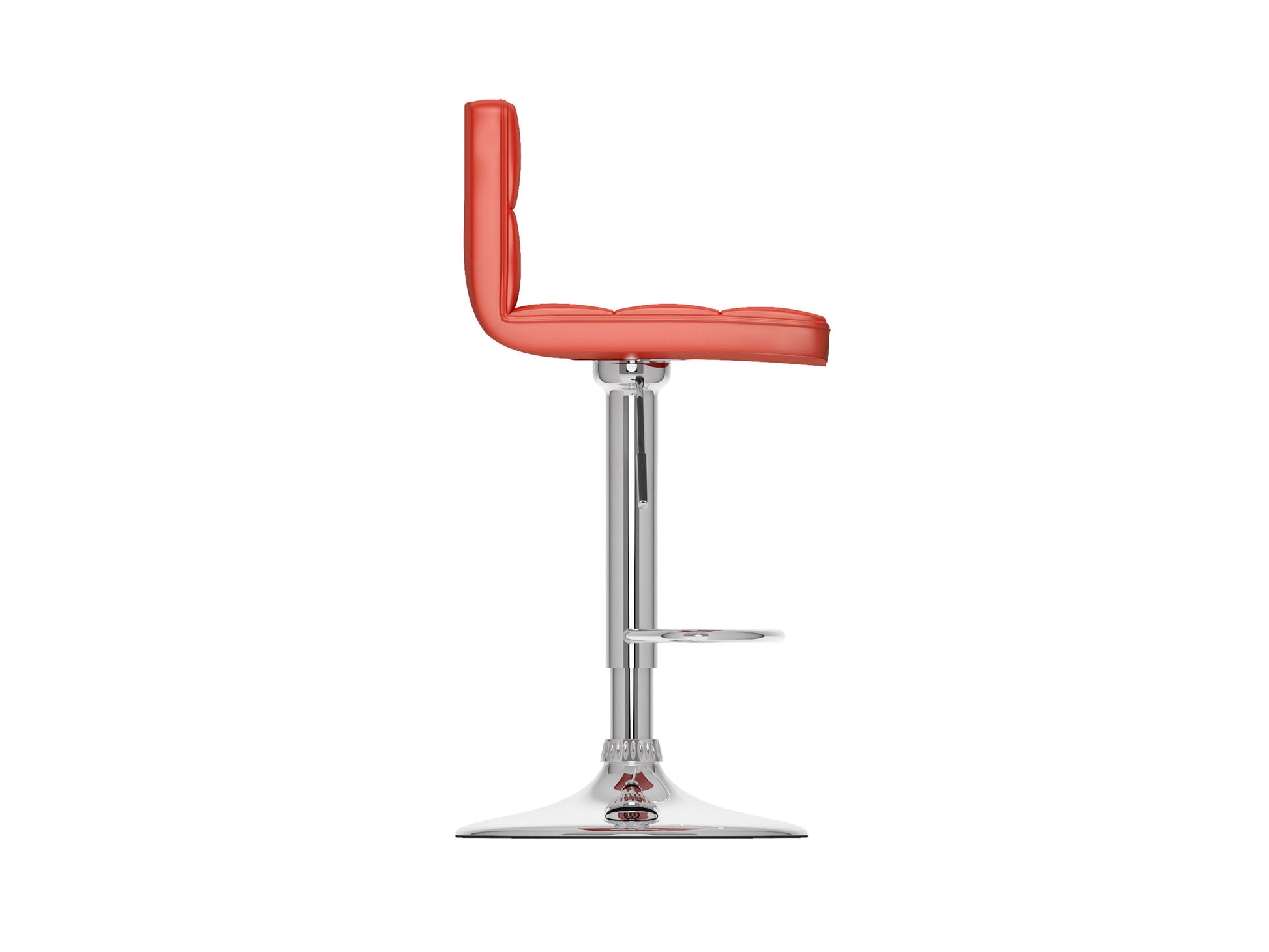 Set of 2 red swivel bar stools with cushioned seats, chrome-plated footrests, and adjustable height. Features a sleek, modern design with faux leather upholstery and a sturdy metal base, perfect for kitchen counters or home bars.