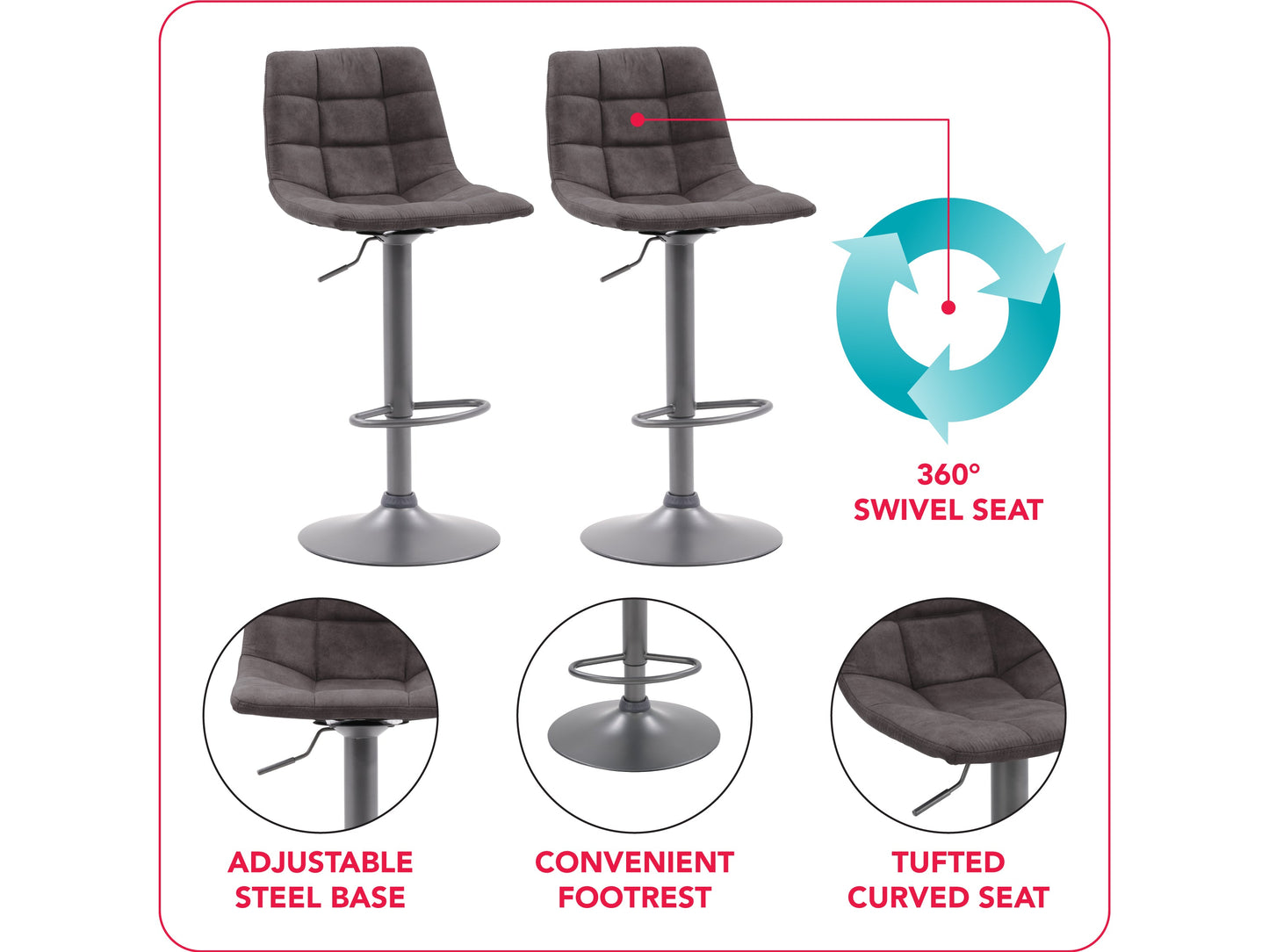 Dark grey swivel bar stools set of 2 with cushioned seats, metal legs, and footrests. Modern design, perfect for kitchen islands or home bars. Durable fabric and sturdy construction for comfort and style.