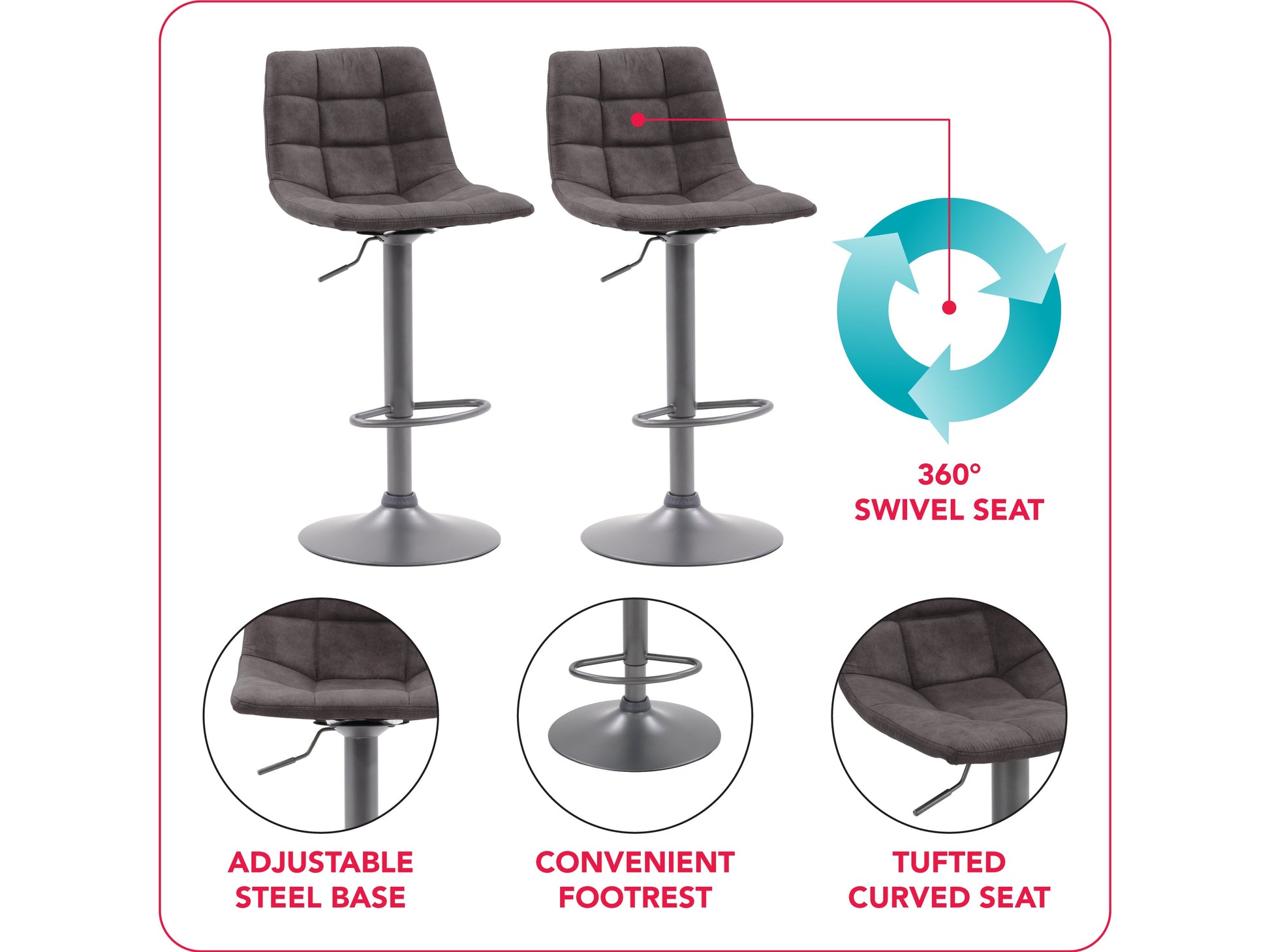 Dark grey swivel bar stools set of 2 with cushioned seats, metal legs, and footrests. Modern design, perfect for kitchen islands or home bars. Durable fabric and sturdy construction for comfort and style.