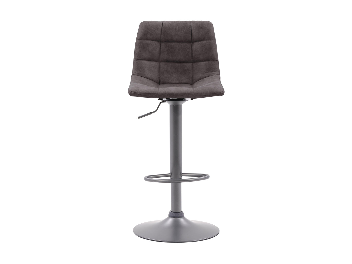Dark grey swivel bar stools set of 2 with cushioned seats, metal legs, and footrests. Modern design, perfect for kitchen islands or home bars. Durable fabric and sturdy construction for comfort and style.