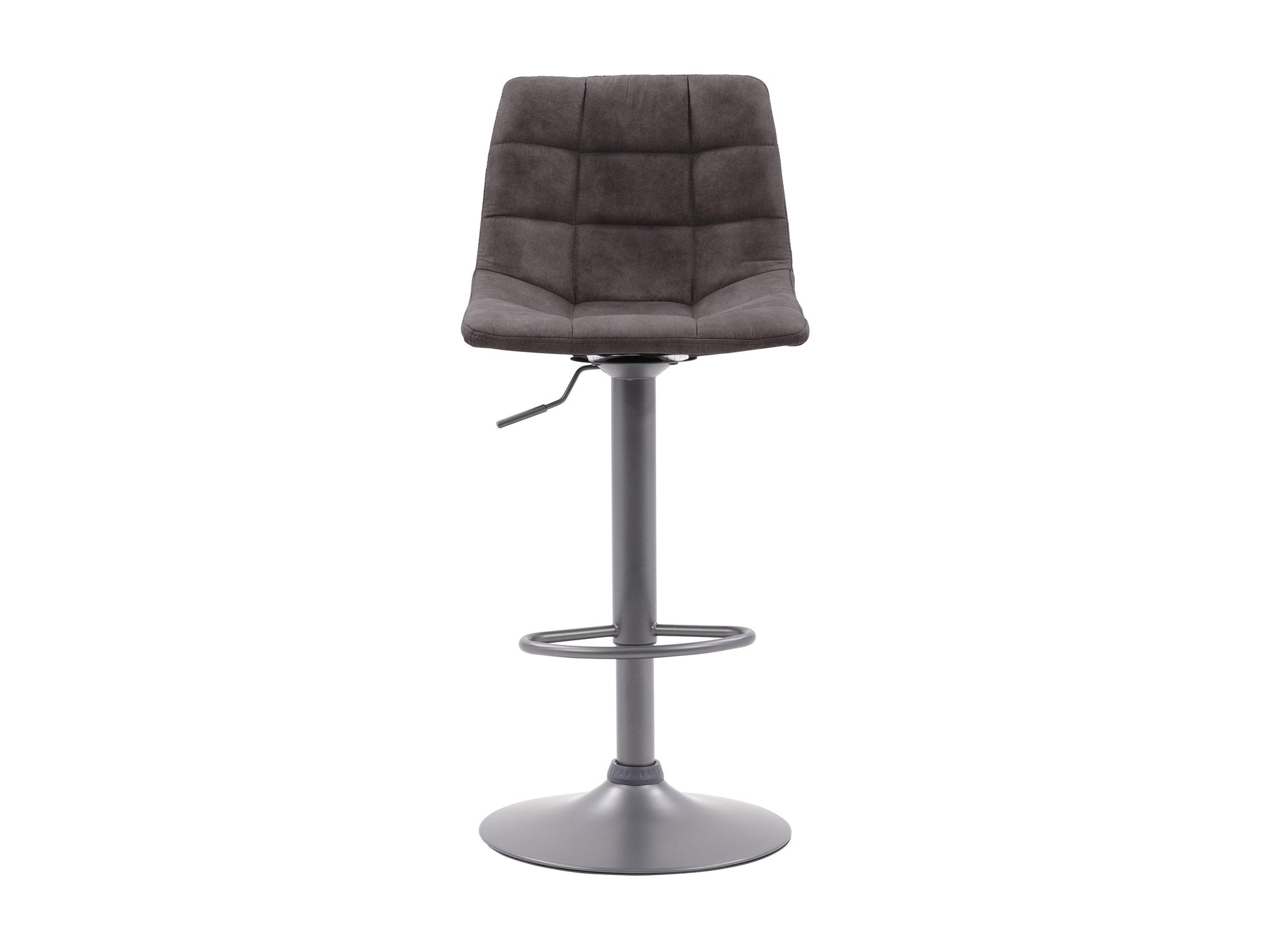 Dark grey swivel bar stools set of 2 with cushioned seats, metal legs, and footrests. Modern design, perfect for kitchen islands or home bars. Durable fabric and sturdy construction for comfort and style.