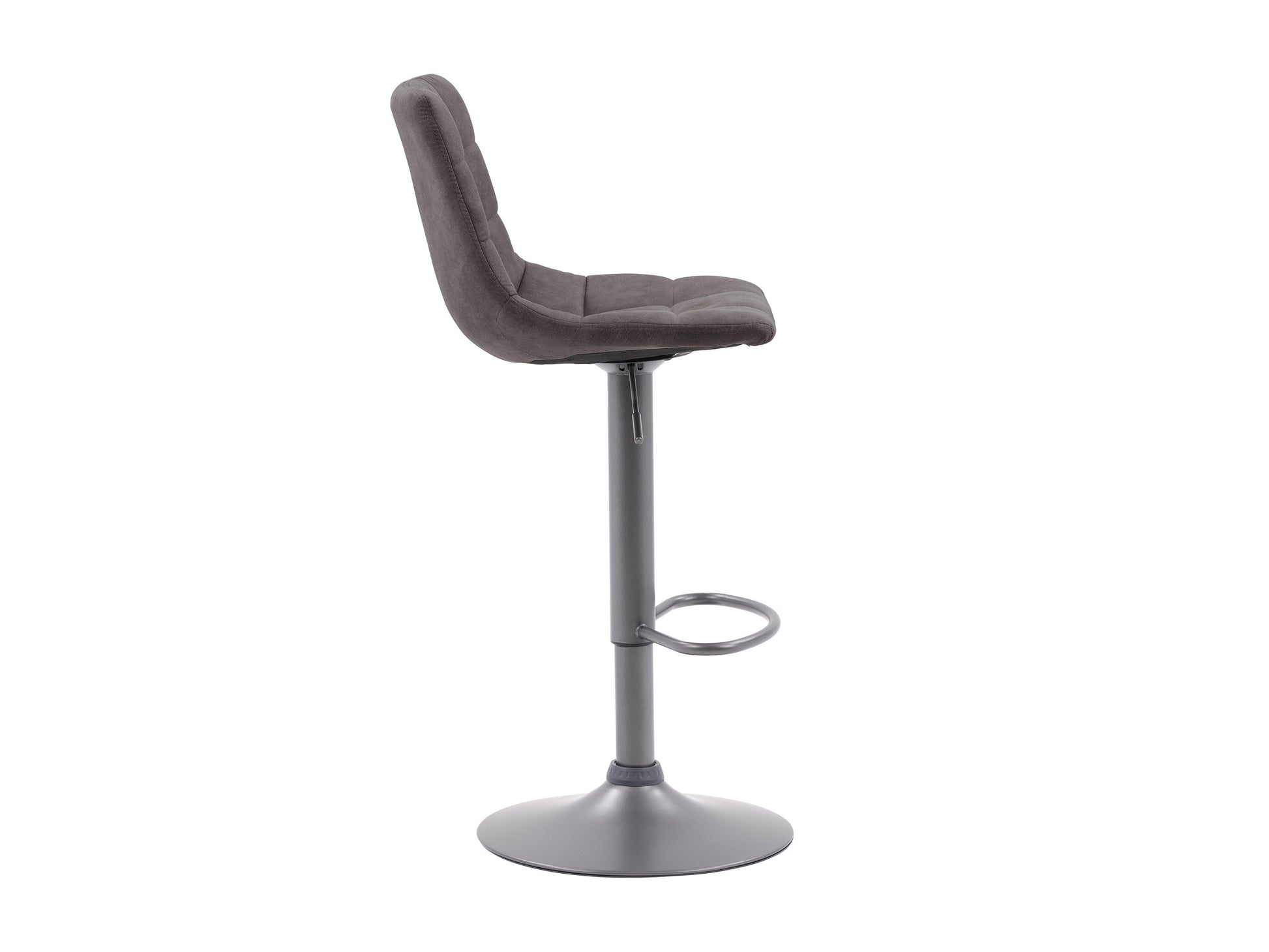 Dark grey swivel bar stools set of 2 with cushioned seats, metal legs, and footrests. Modern design, perfect for kitchen islands or home bars. Durable fabric and sturdy construction for comfort and style.