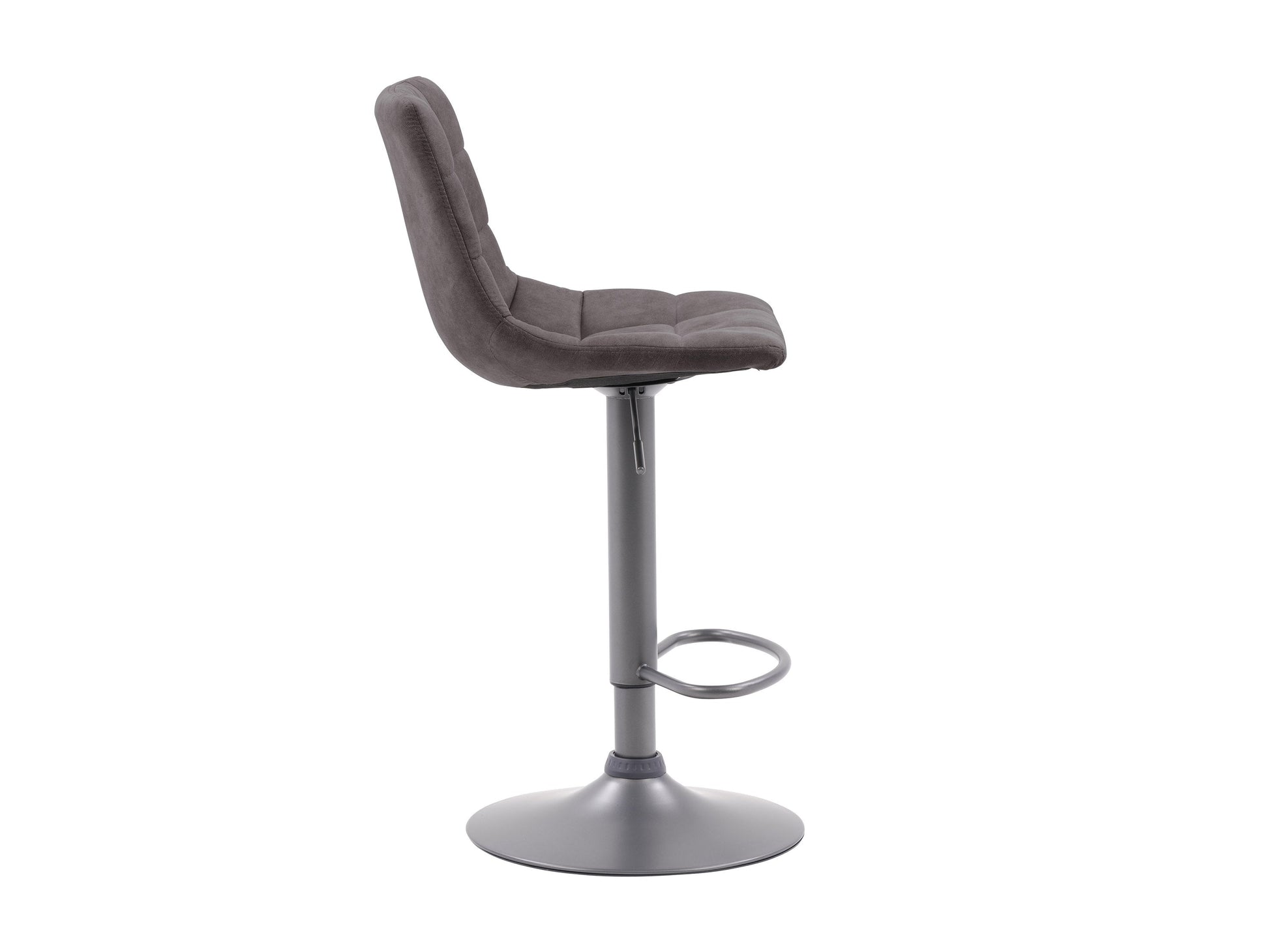 Dark grey swivel bar stools set of 2 with cushioned seats, metal legs, and footrests. Modern design, perfect for kitchen islands or home bars. Durable fabric and sturdy construction for comfort and style.