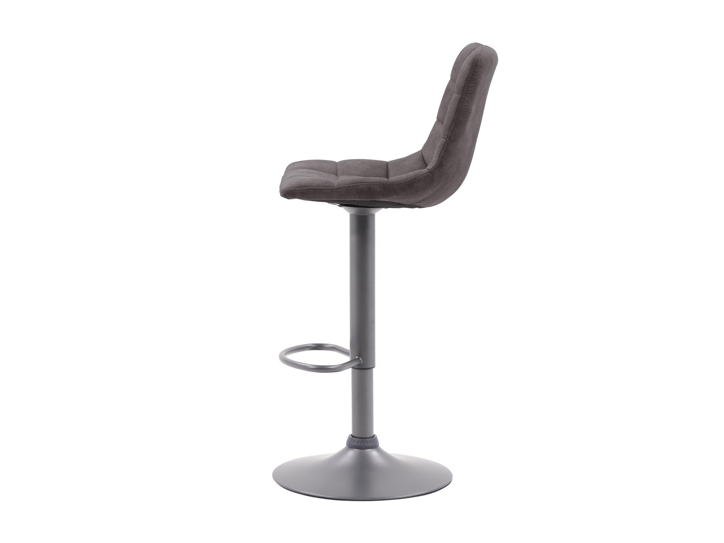 Dark grey swivel bar stools set of 2 with cushioned seats, metal legs, and footrests. Modern design, perfect for kitchen islands or home bars. Durable fabric and sturdy construction for comfort and style.