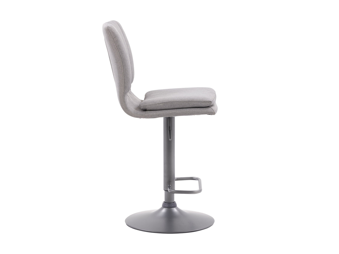 Set of 2 grey swivel bar stools with padded seats, metal frames, and footrests. The stools feature a modern design with a sleek finish, ideal for kitchen islands or home bars.