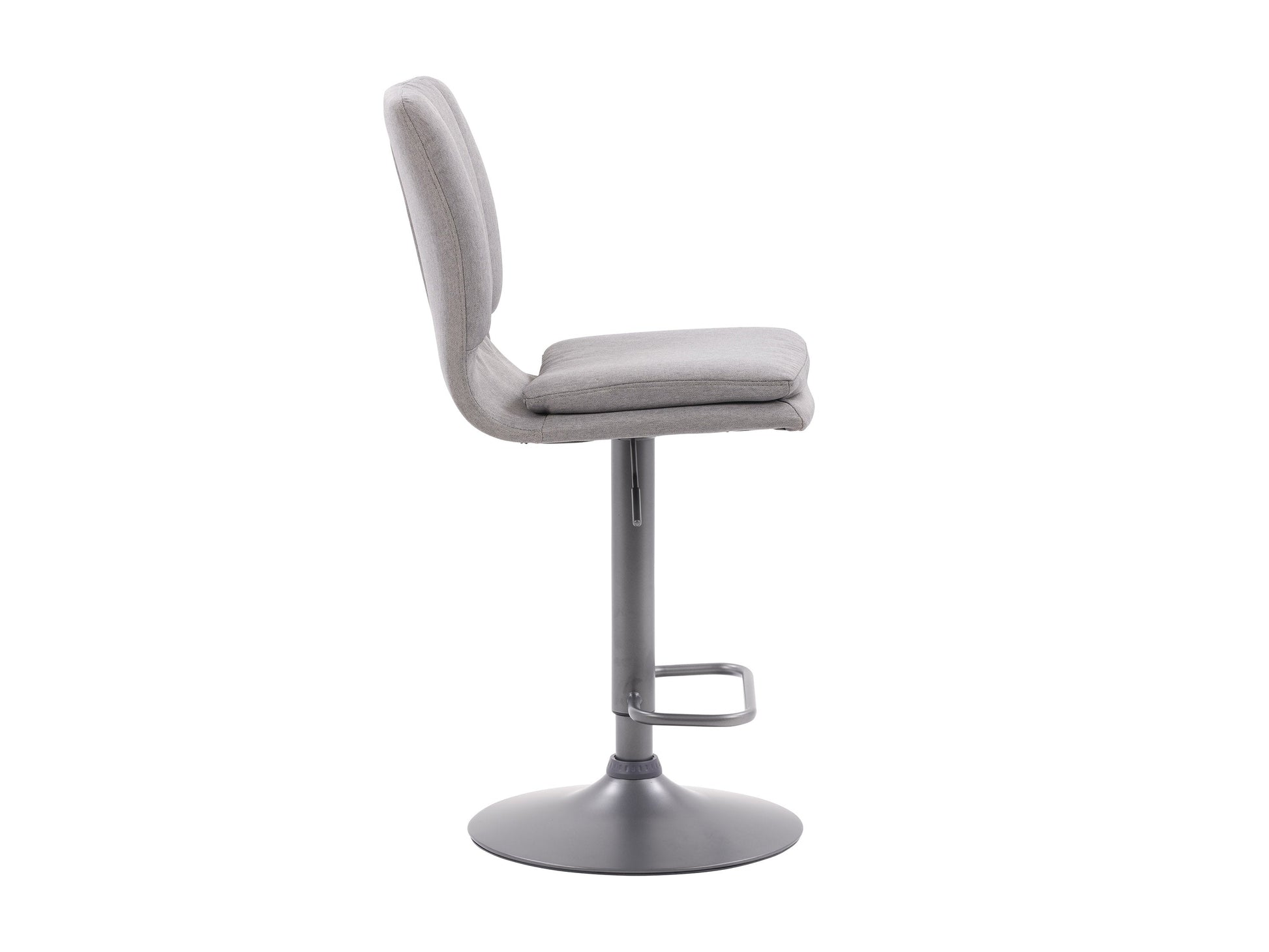 Set of 2 grey swivel bar stools with padded seats, metal frames, and footrests. The stools feature a modern design with a sleek finish, ideal for kitchen islands or home bars.