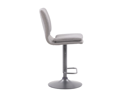 Set of 2 grey swivel bar stools with padded seats, metal frames, and footrests. The stools feature a modern design with a sleek finish, ideal for kitchen islands or home bars.