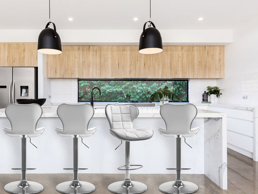 White bar stools with backs, set of 2, featuring sleek modern design, cushioned seats, chrome footrests, and sturdy wooden legs, perfect for kitchen islands or home bars.