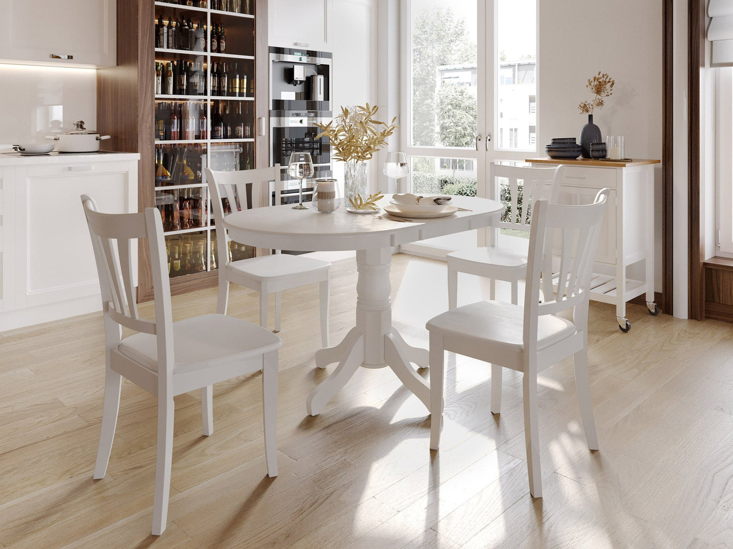 White extendable oval dining table set with 4 matching chairs, wooden construction, sleek finish, and modern design, perfect for contemporary dining rooms and family gatherings.