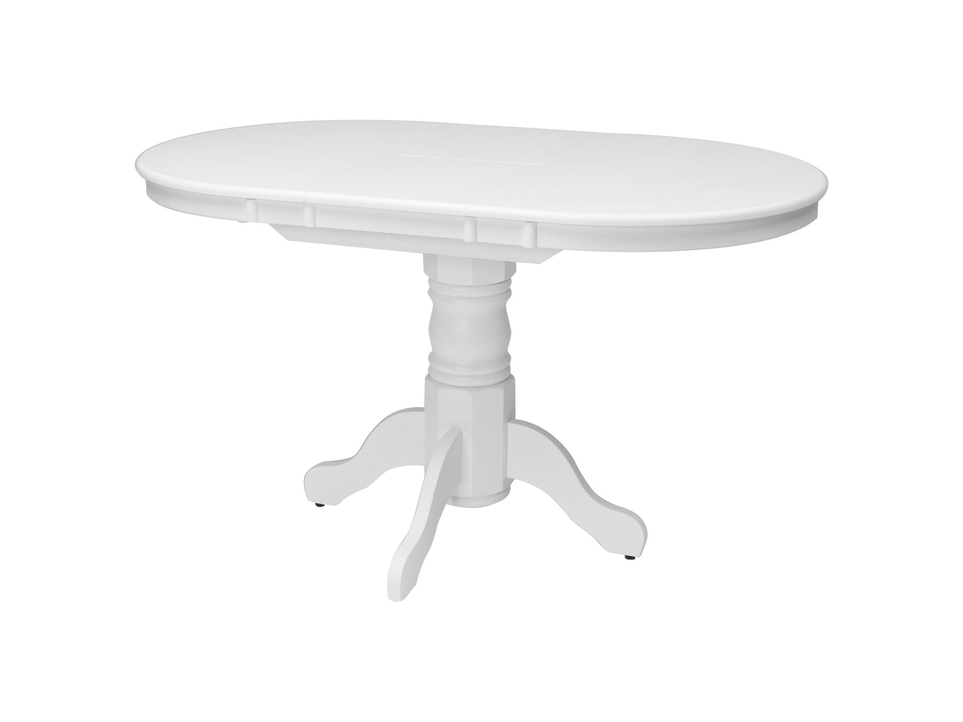 Alt Tag: White extendable oval dining table with four matching chairs, featuring sleek lines and a minimalist design, perfect for modern dining rooms.