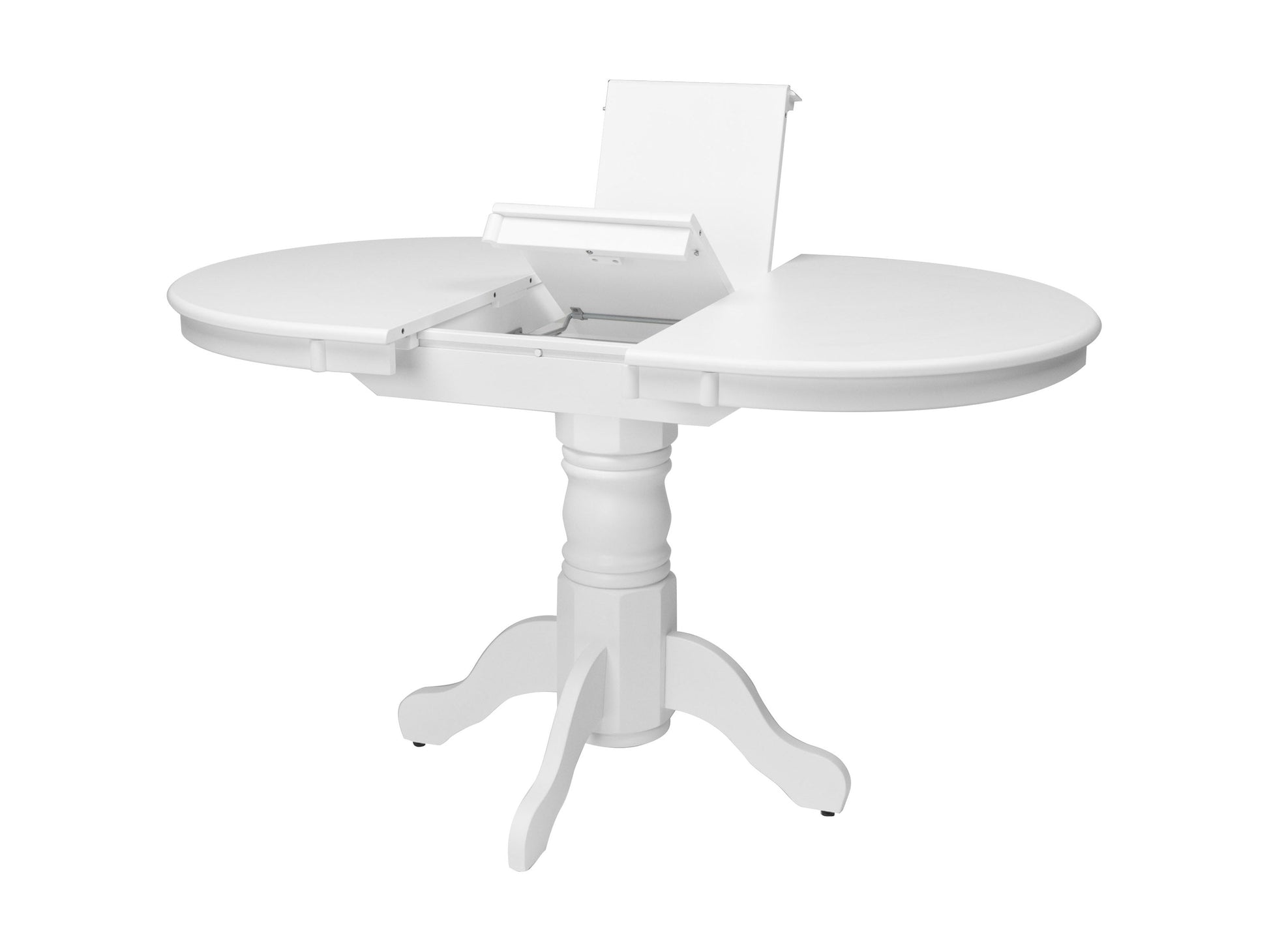 Alt Tag: White extendable oval dining table with four matching chairs, featuring sleek lines and a minimalist design, perfect for modern dining rooms.