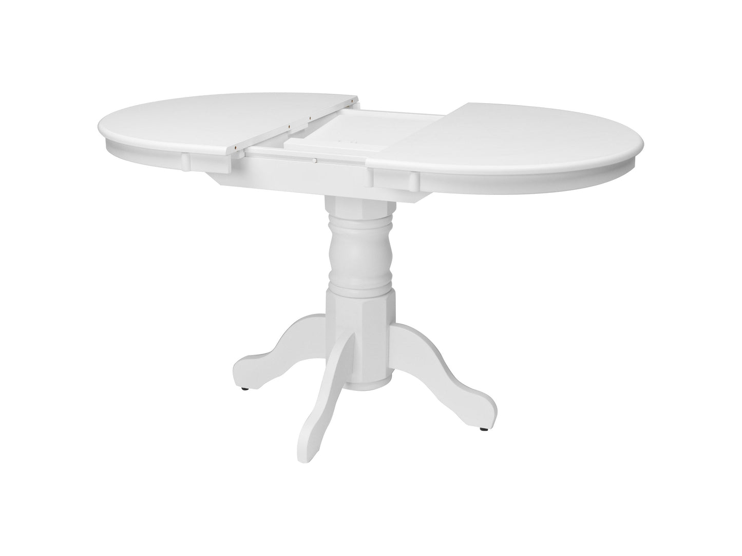 Alt Tag: White extendable oval dining table with four matching chairs, featuring sleek lines and a minimalist design, perfect for modern dining rooms.