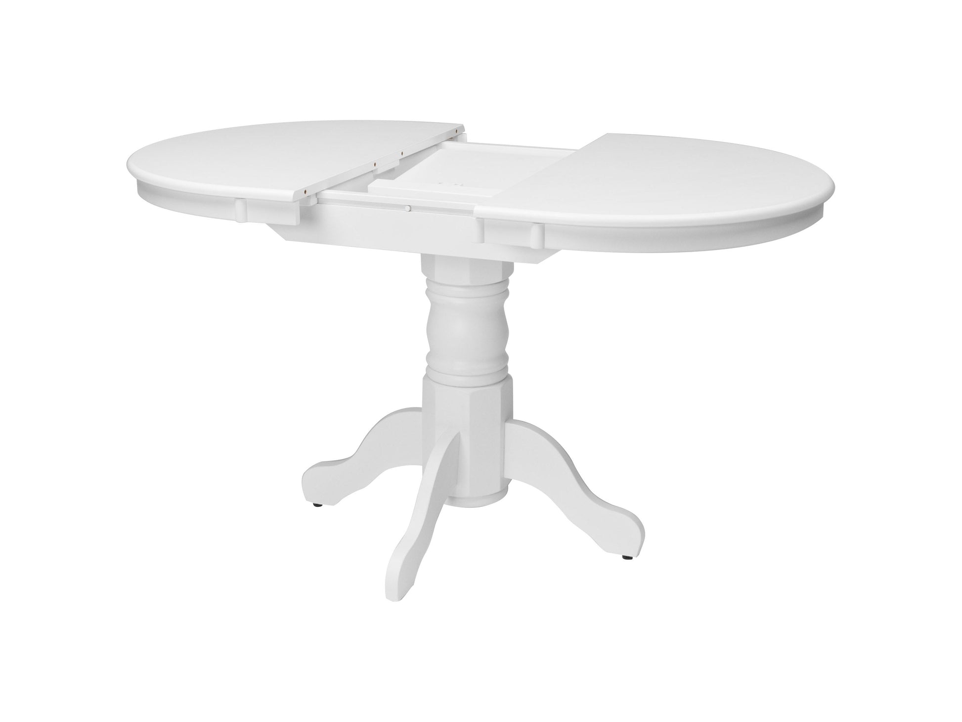 Alt Tag: White extendable oval dining table with four matching chairs, featuring sleek lines and a minimalist design, perfect for modern dining rooms.