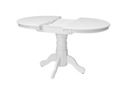 Alt Tag: White extendable oval dining table with four matching chairs, featuring sleek lines and a minimalist design, perfect for modern dining rooms.