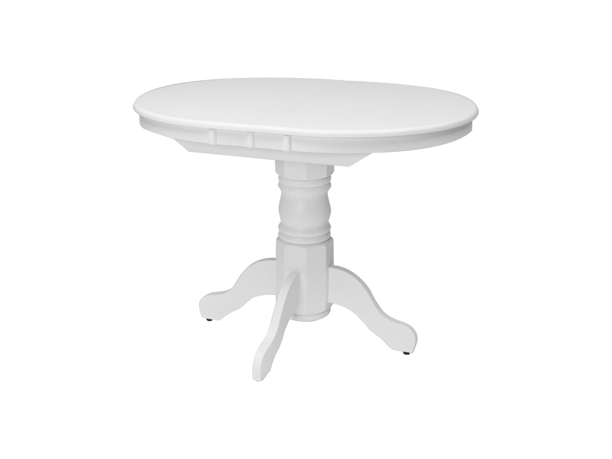 Alt Tag: White extendable oval dining table with four matching chairs, featuring sleek lines and a minimalist design, perfect for modern dining rooms.