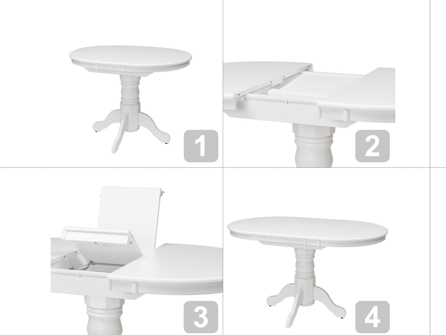 Alt Tag: White extendable oval dining table with four matching chairs, featuring sleek lines and a minimalist design, perfect for modern dining rooms.