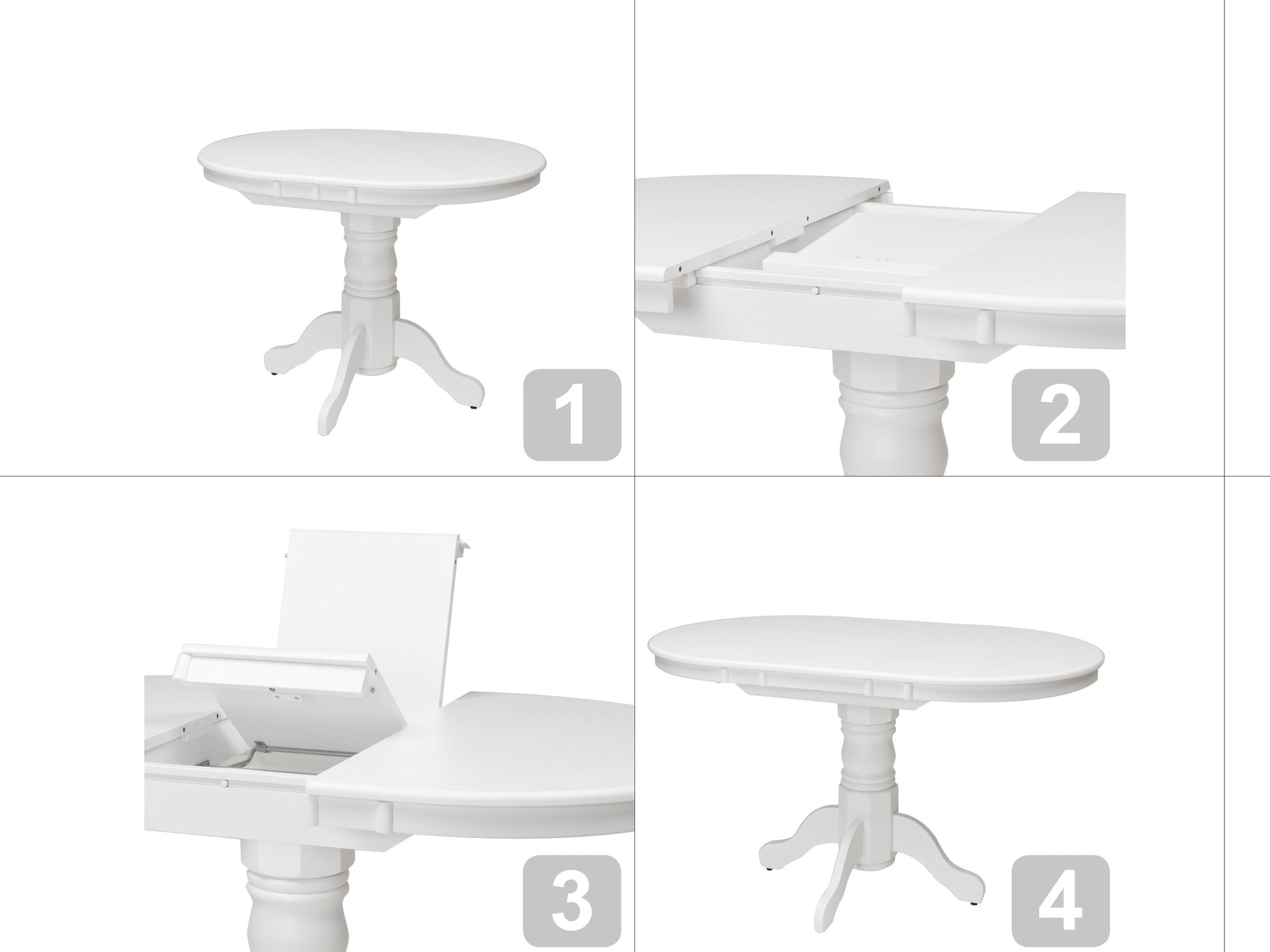 Alt Tag: White extendable oval dining table with four matching chairs, featuring sleek lines and a minimalist design, perfect for modern dining rooms.