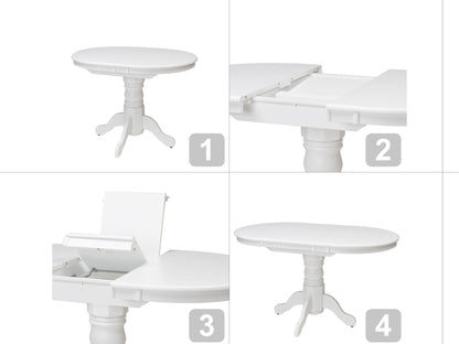 Alt Tag: White extendable oval dining table with four matching chairs, featuring sleek lines and a minimalist design, perfect for modern dining rooms.