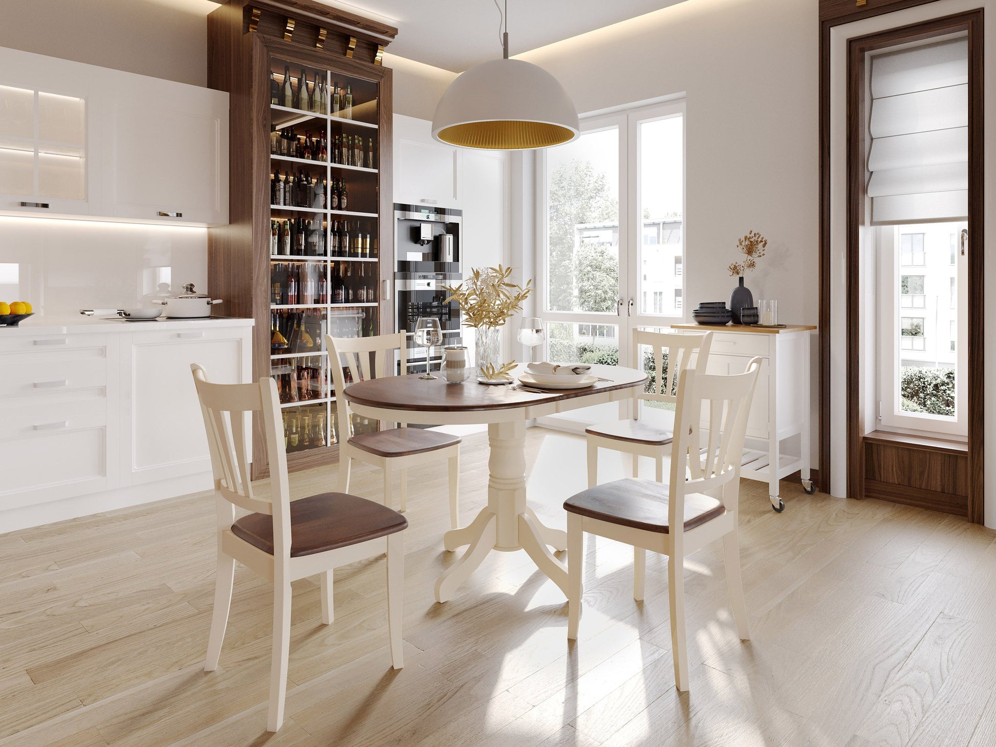 Extendable oval dining table with dark brown wood top and cream-colored legs, featuring a smooth finish and elegant design. Ideal for modern dining rooms, seats up to eight people comfortably.