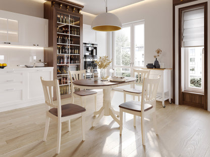 Extendable oval dining table with dark brown wood top and cream-colored legs, featuring a smooth finish and elegant design. Ideal for modern dining rooms, seats up to eight people comfortably.