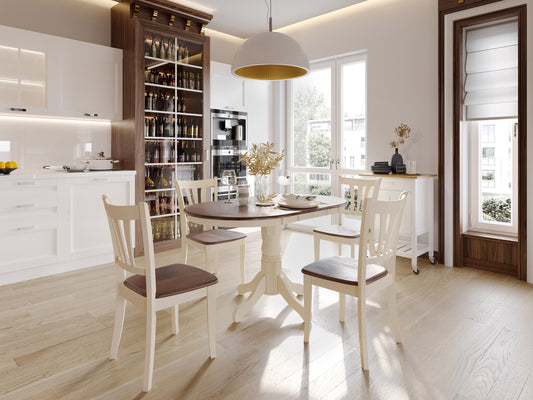 Extendable oval dining table with dark brown wood top and cream-colored legs, featuring a smooth finish and elegant design. Ideal for modern dining rooms, seats up to eight people comfortably.