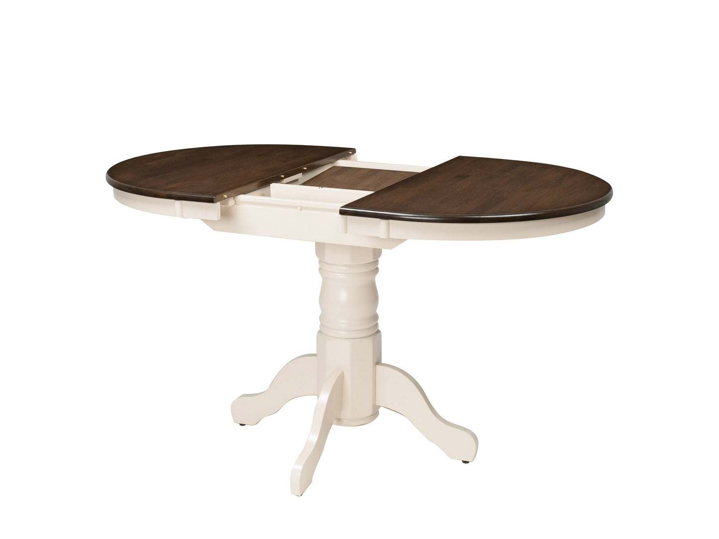 Extendable oval dining table with dark brown wood top and cream-colored legs, featuring a smooth finish and elegant design. Ideal for modern dining rooms, seats up to eight people comfortably.