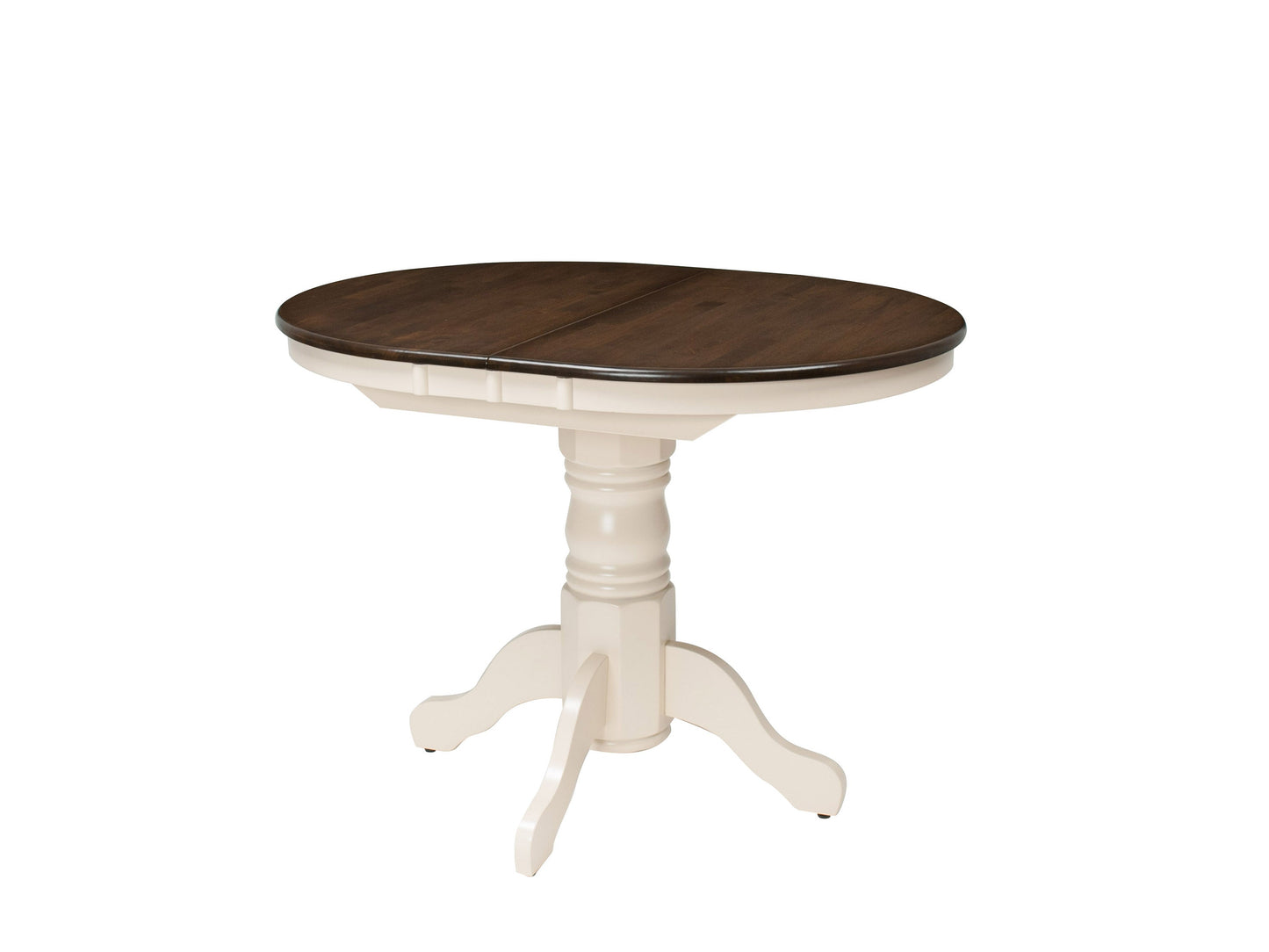 Extendable oval dining table with dark brown wood top and cream-colored legs, featuring a smooth finish and elegant design. Ideal for modern dining rooms, seats up to eight people comfortably.