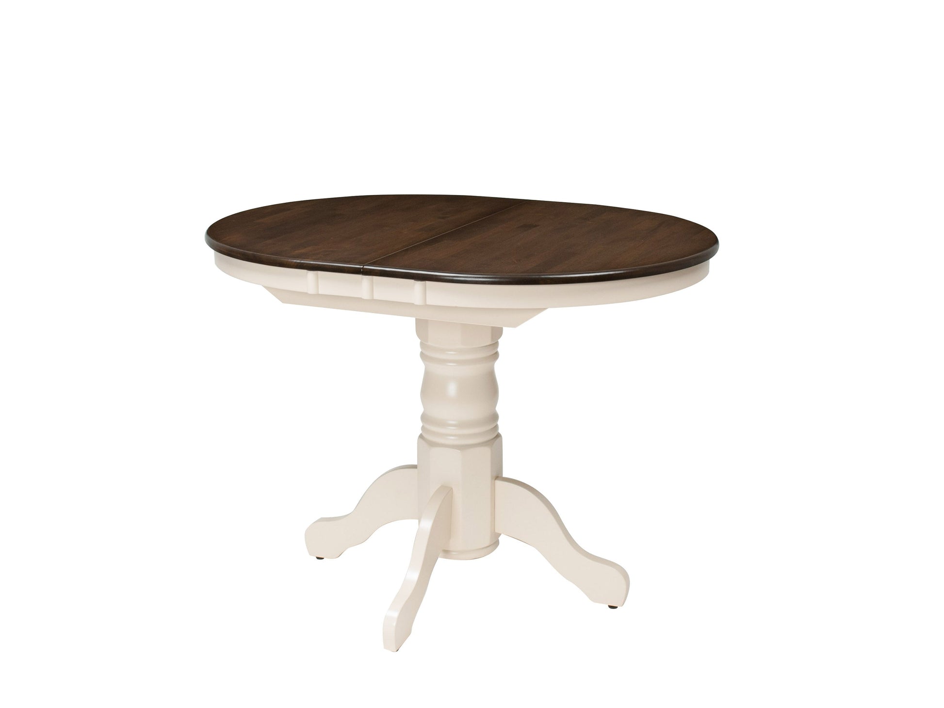 Extendable oval dining table with dark brown wood top and cream-colored legs, featuring a smooth finish and elegant design. Ideal for modern dining rooms, seats up to eight people comfortably.