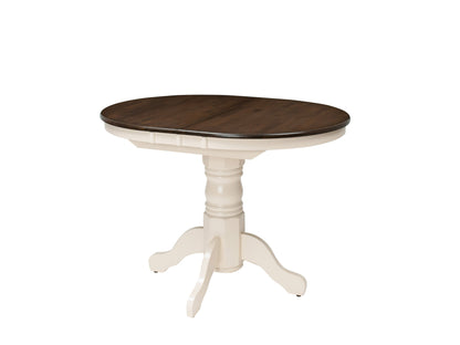 Extendable oval dining table with dark brown wood top and cream-colored legs, featuring a smooth finish and elegant design. Ideal for modern dining rooms, seats up to eight people comfortably.