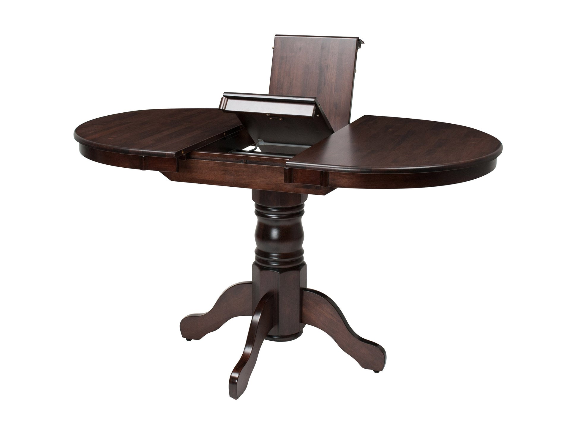 Extendable oval dining table in rich espresso finish with smooth wooden surface, elegant tapered legs, and hidden extension leaf for extra seating. Ideal for modern dining rooms and family gatherings.
